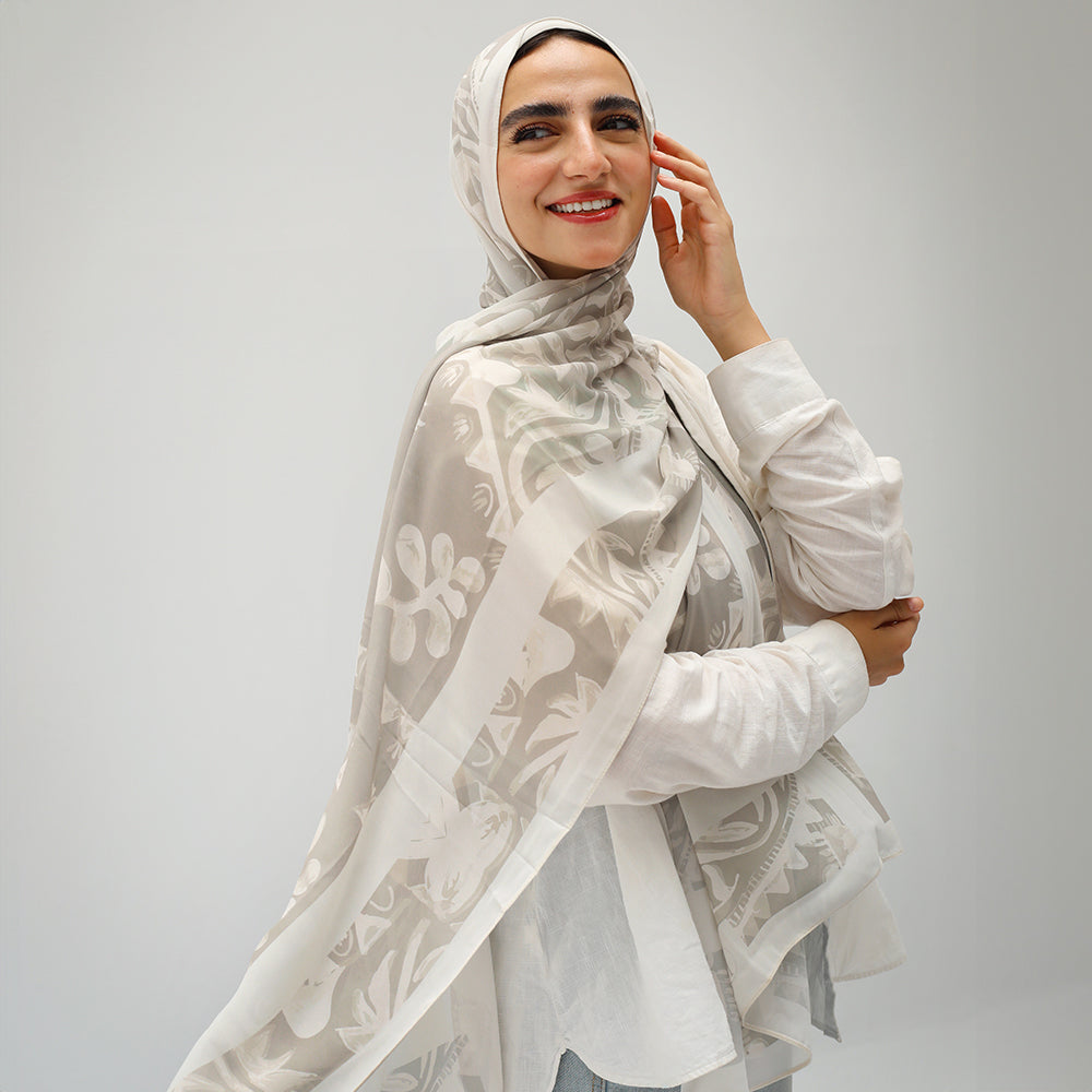 Bayaa online White Silk Chiffon w Charmeuse All Over Flowers Crystals Long Scarf Shawl